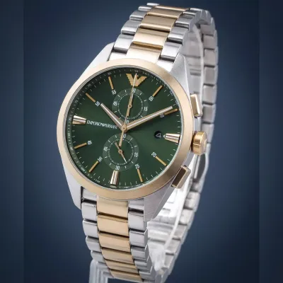 Emporio Armani Chronograph Quartz Green Dial Two-Tone Men's Watch